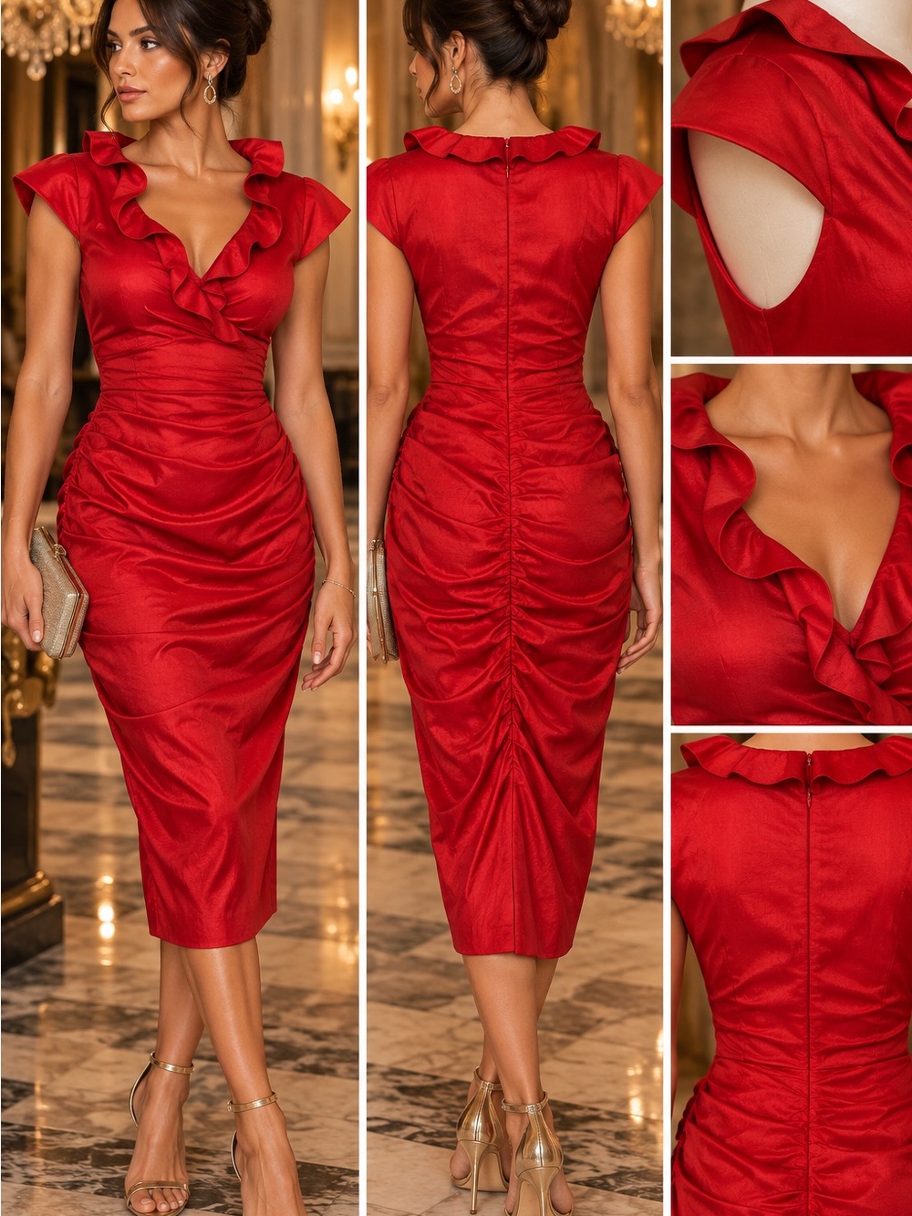 Xscape Red Ruffle V-Neck Ruched Midi Dress